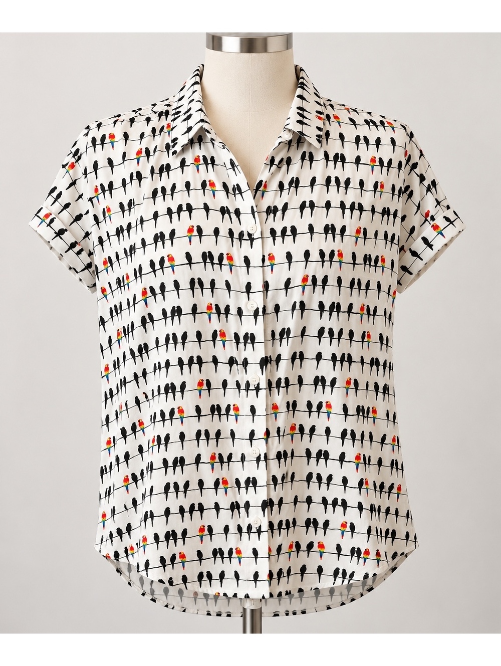 Jane + Delancey Bird Parrot Print Rayon Button Up Blouse Women’s M Whimsical